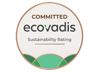 A circular Ecovadis Sustainability Rating badge displays "COMMITTED," the Ecovadis logo, and "Sustainability Rating" within a rose-gold border.